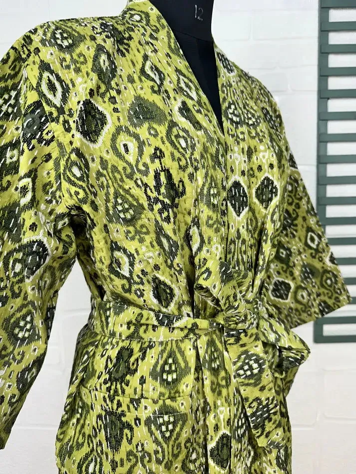 Kantha Pure Cotton Reversible Short Kimono Women Jacket Ikat Print Green Black