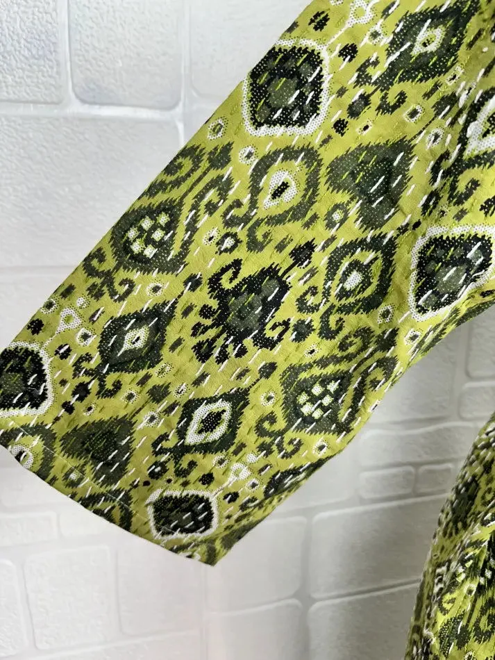 Kantha Pure Cotton Reversible Short Kimono Women Jacket Ikat Print Green Black