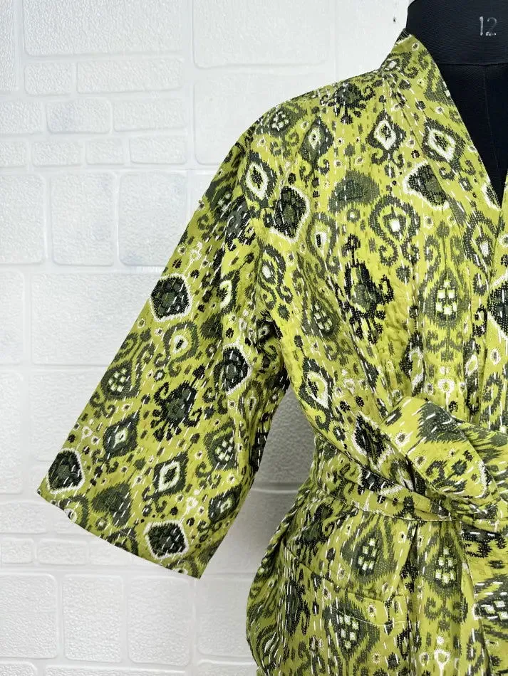 Kantha Pure Cotton Reversible Short Kimono Women Jacket Ikat Print Green Black