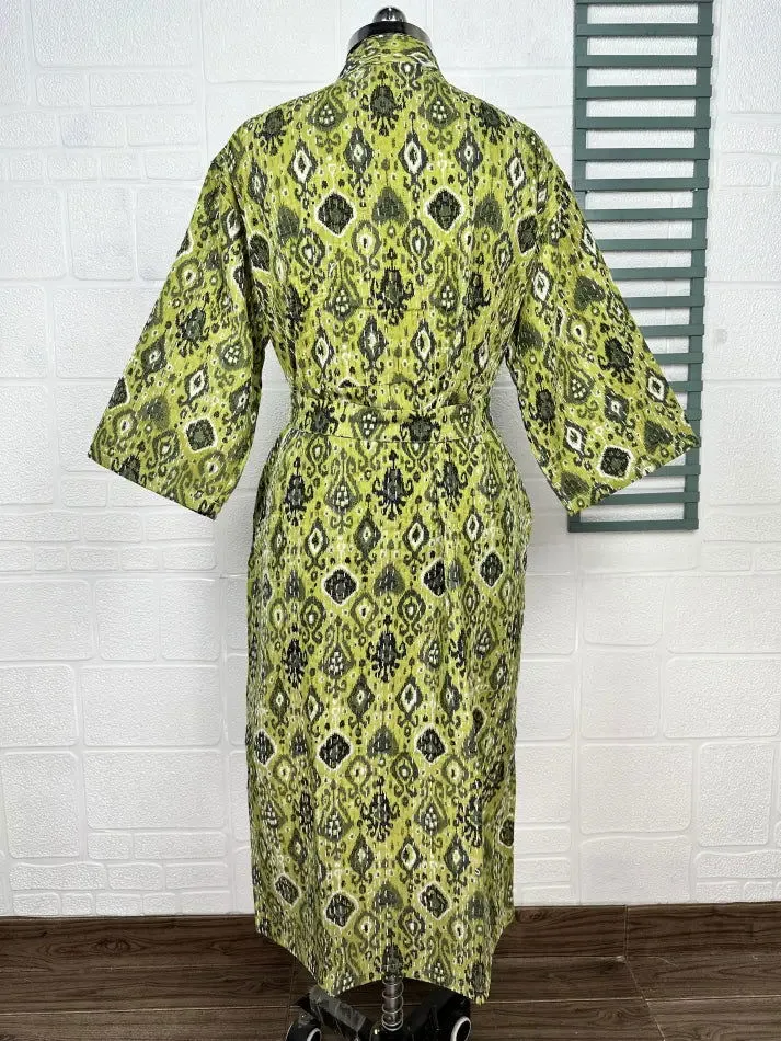 Kantha Pure Cotton Reversible Short Kimono Women Jacket Ikat Print Green Black