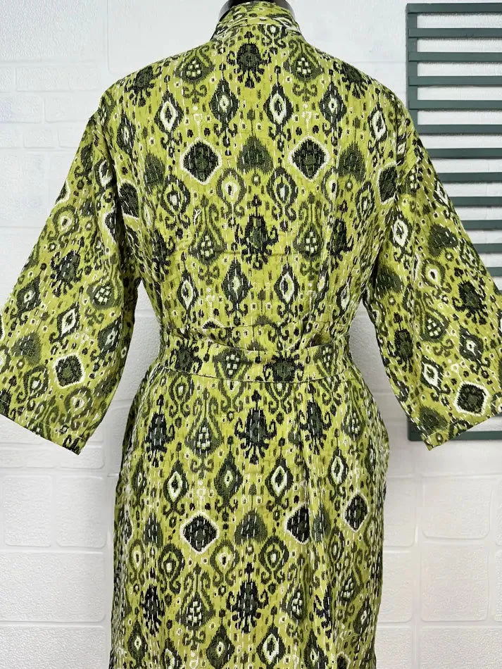 Kantha Pure Cotton Reversible Short Kimono Women Jacket Ikat Print Green Black