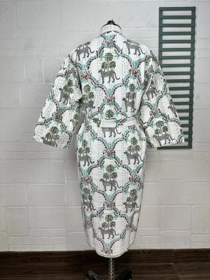 Kantha Pure Cotton Reversible Short Kimono Women Jacket Jungle Print White Green