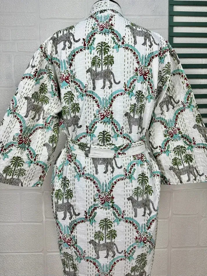 Kantha Pure Cotton Reversible Short Kimono Women Jacket Jungle Print White Green