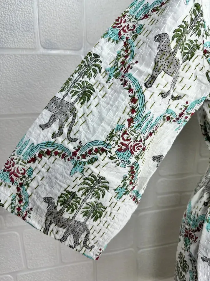 Kantha Pure Cotton Reversible Short Kimono Women Jacket Jungle Print White Green