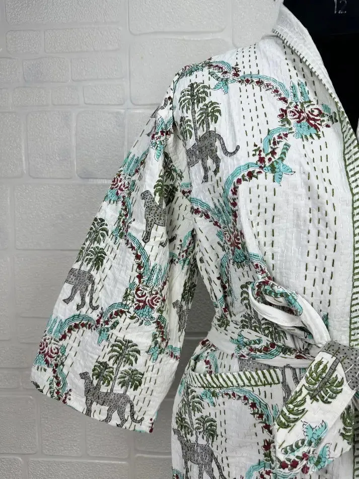 Kantha Pure Cotton Reversible Short Kimono Women Jacket Jungle Print White Green