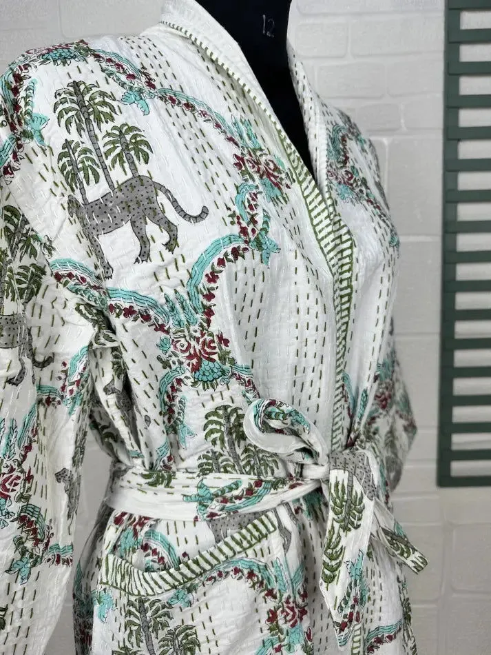 Kantha Pure Cotton Reversible Short Kimono Women Jacket Jungle Print White Green
