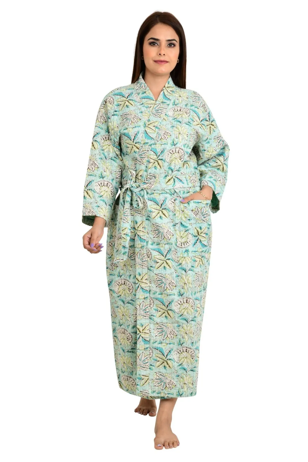 Kantha Stitch 100% Cotton Reversible Long Kimono Women Jacket | Handmade Stitch Robe | Unisex Gift | Green Brown Floral Print