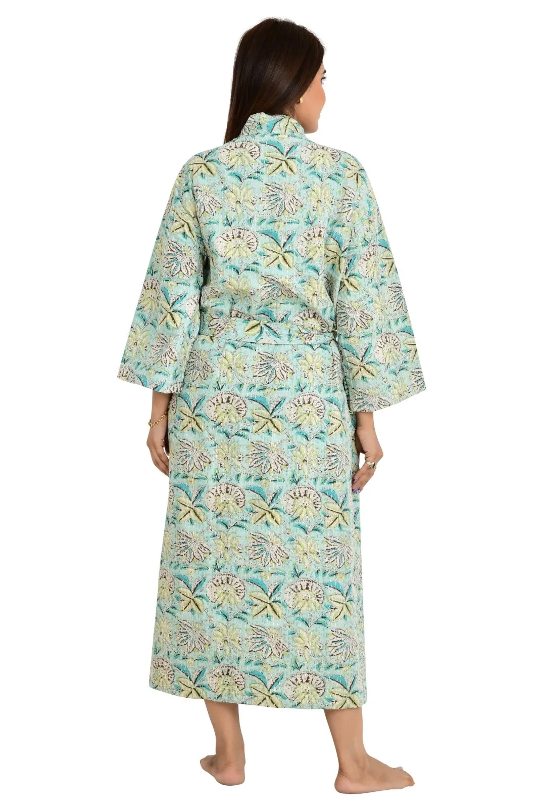 Kantha Stitch 100% Cotton Reversible Long Kimono Women Jacket | Handmade Stitch Robe | Unisex Gift | Green Brown Floral Print