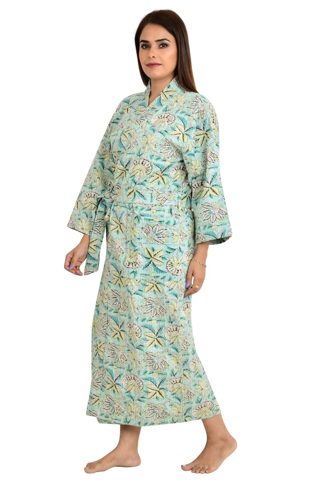 Kantha Stitch 100% Cotton Reversible Long Kimono Women Jacket | Handmade Stitch Robe | Unisex Gift | Green Brown Floral Print