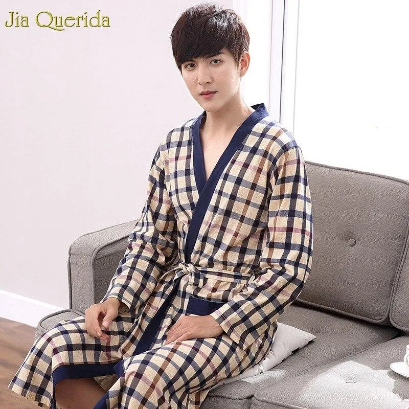 Long Sleeve Nightgown Men Bath Robes Mens Kimono Chinese 100% Cotton Plaid Sleeping Gown Bath Robe Male Spring Autumn Bathrobes