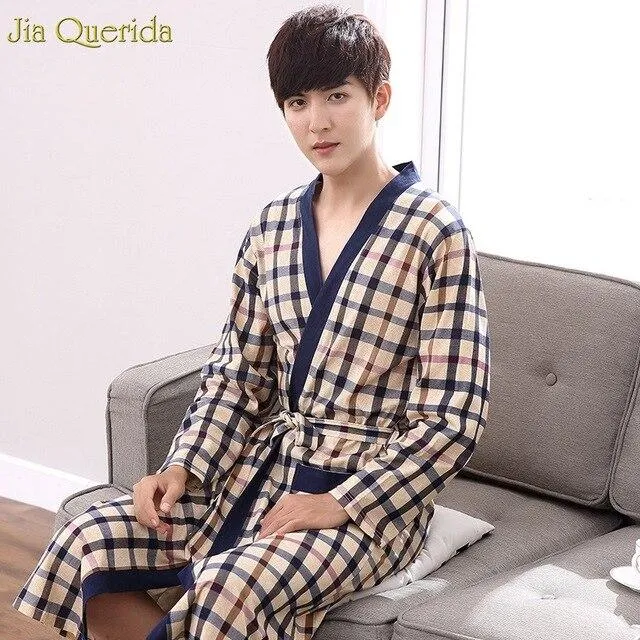 Long Sleeve Nightgown Men Bath Robes Mens Kimono Chinese 100% Cotton Plaid Sleeping Gown Bath Robe Male Spring Autumn Bathrobes