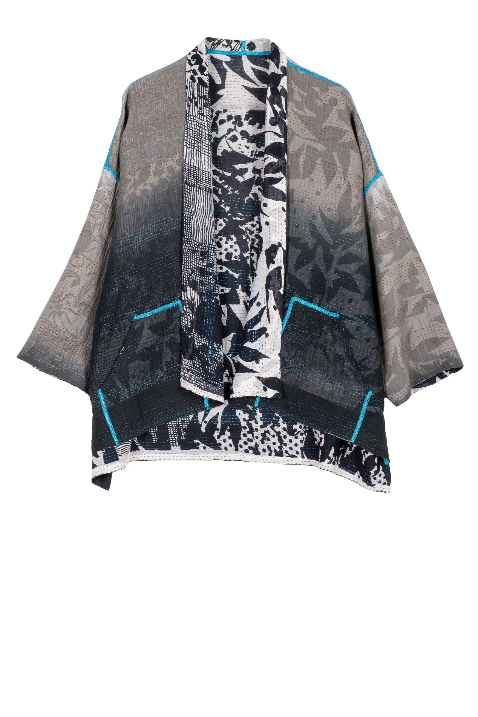 MONOTONE TWILIGHT PRINT KANTHA MINI KIMONO JKT - tp2055-wht -