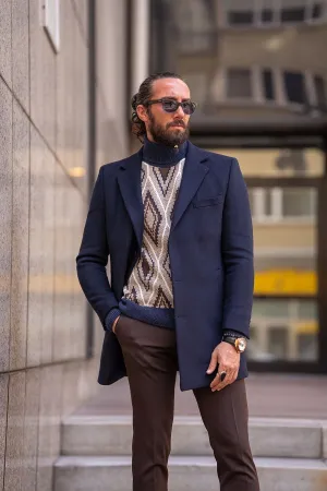 Navy Blue Slim Fit Single Breasted Long Coat by gentwith