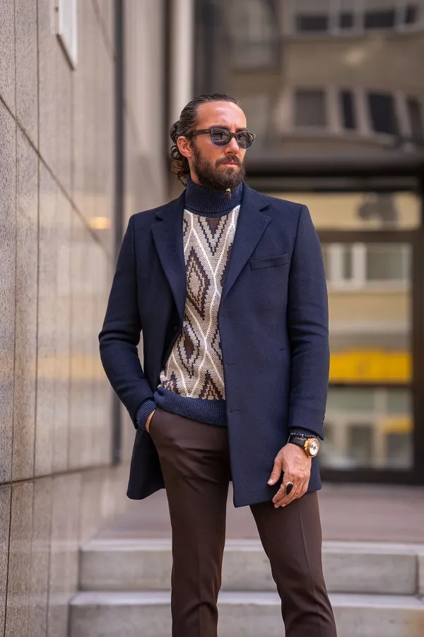 Navy Blue Slim Fit Single Breasted Long Coat by gentwith
