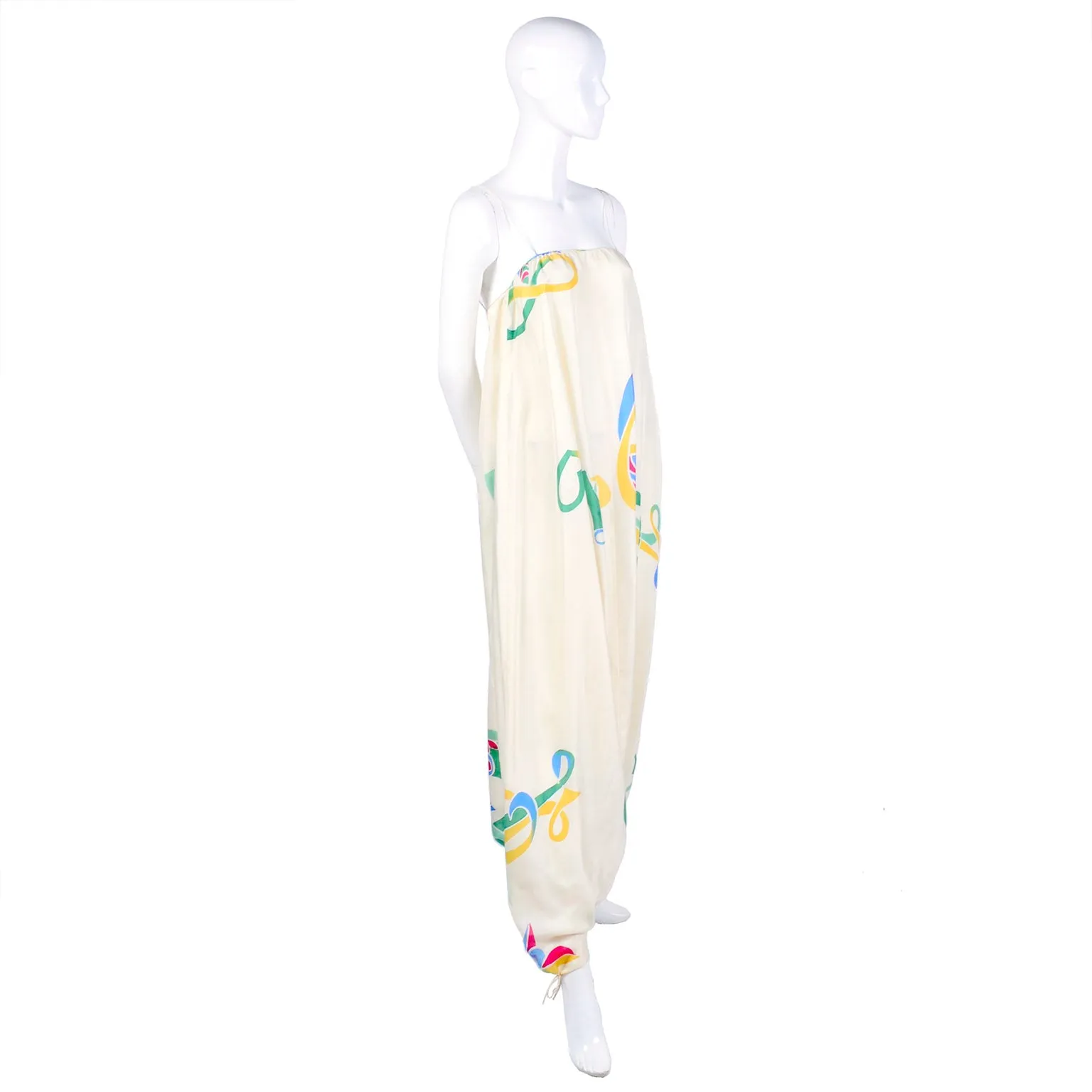 Rare Early Mary McFadden Vintage Jumpsuit in Hand Painted Silk, c. 1978