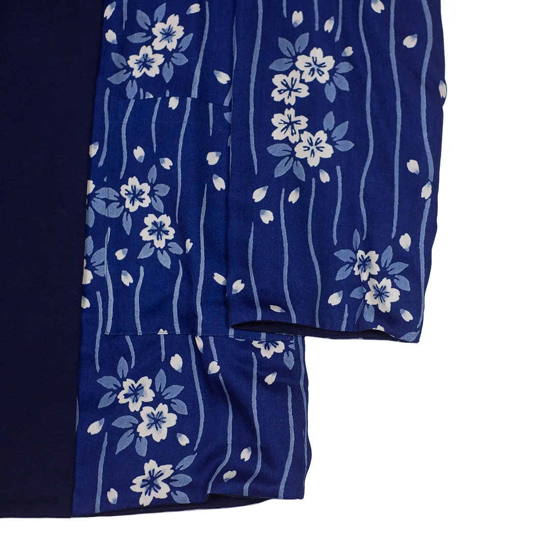 Reversible indigo cotton and lyocell kimono jacket with "flower raft" bassen relief print