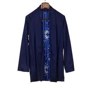 Reversible indigo cotton and lyocell kimono jacket with "flower raft" bassen relief print