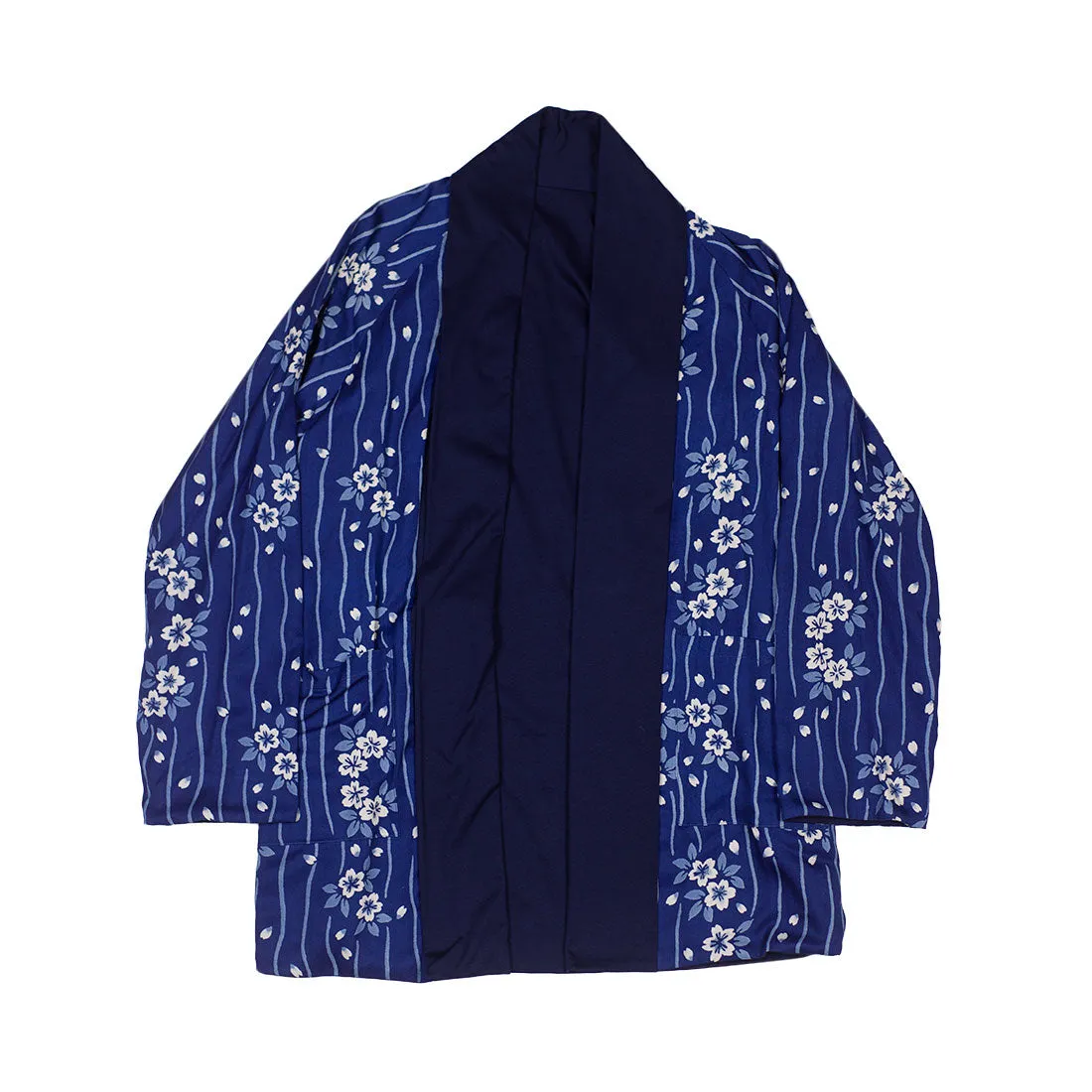 Reversible indigo cotton and lyocell kimono jacket with "flower raft" bassen relief print
