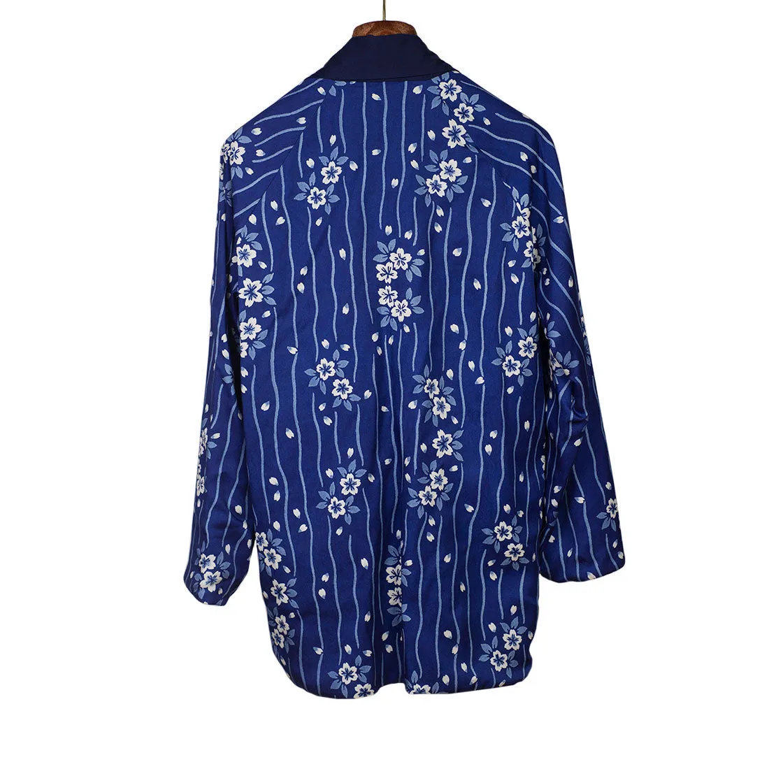 Reversible indigo cotton and lyocell kimono jacket with "flower raft" bassen relief print