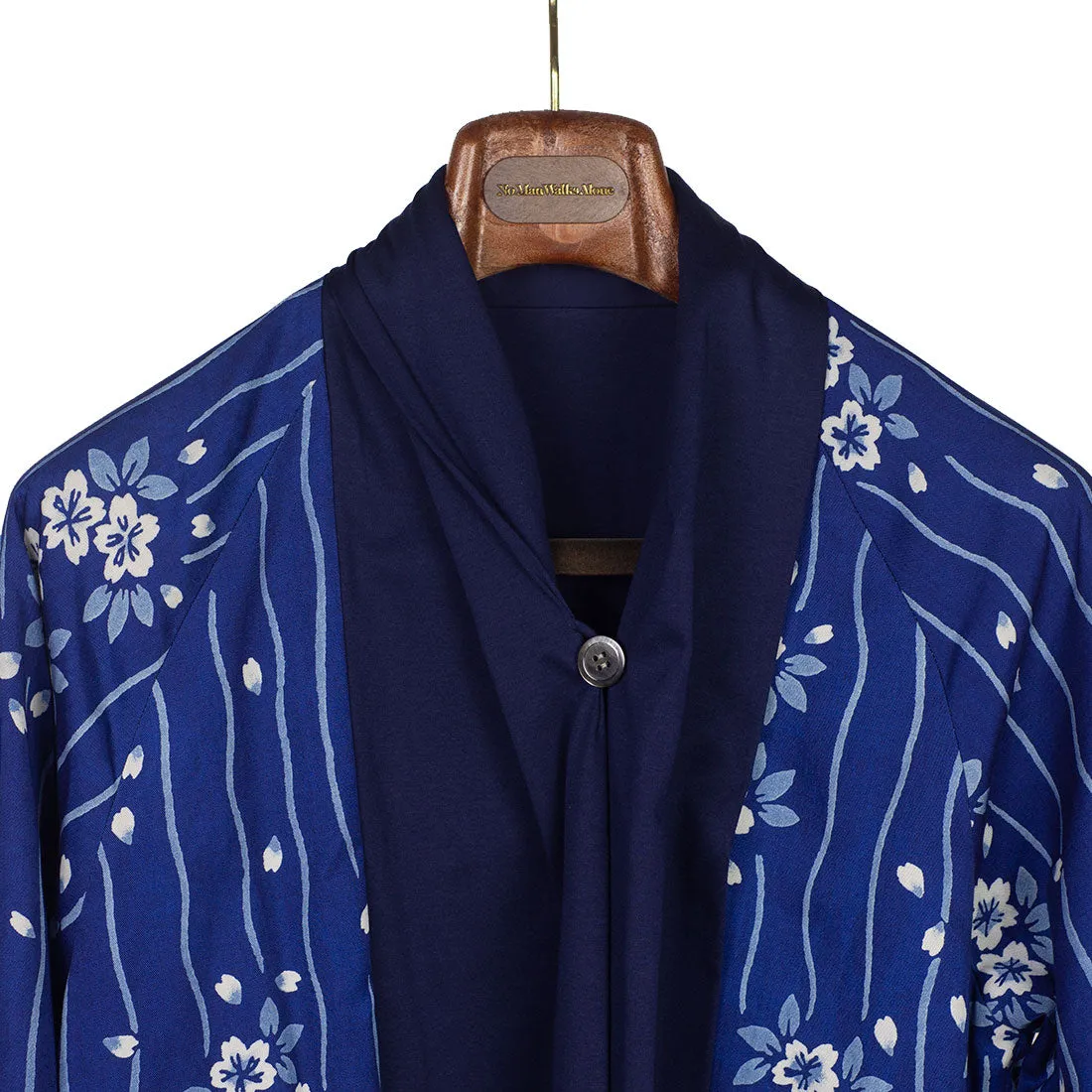Reversible indigo cotton and lyocell kimono jacket with "flower raft" bassen relief print