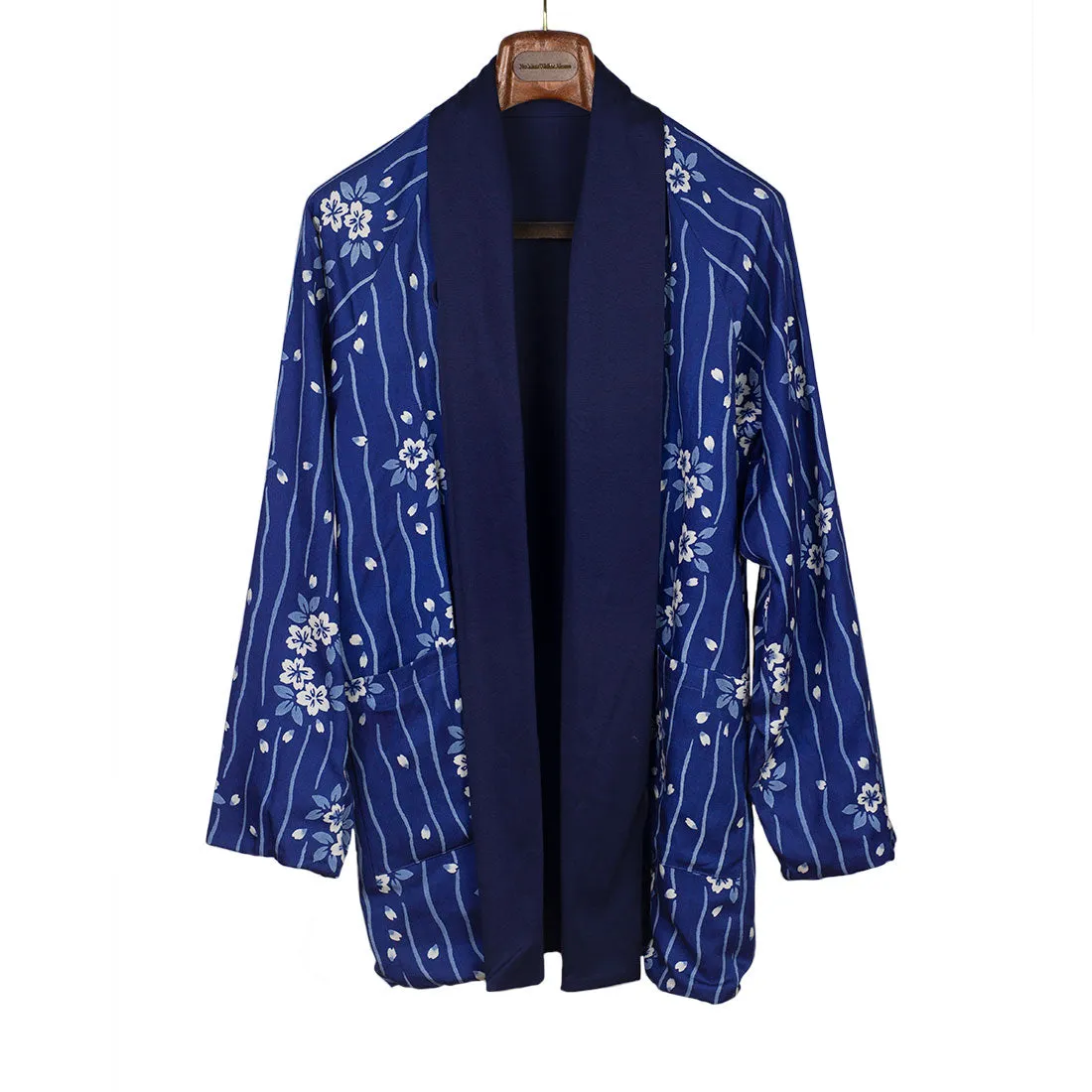 Reversible indigo cotton and lyocell kimono jacket with "flower raft" bassen relief print
