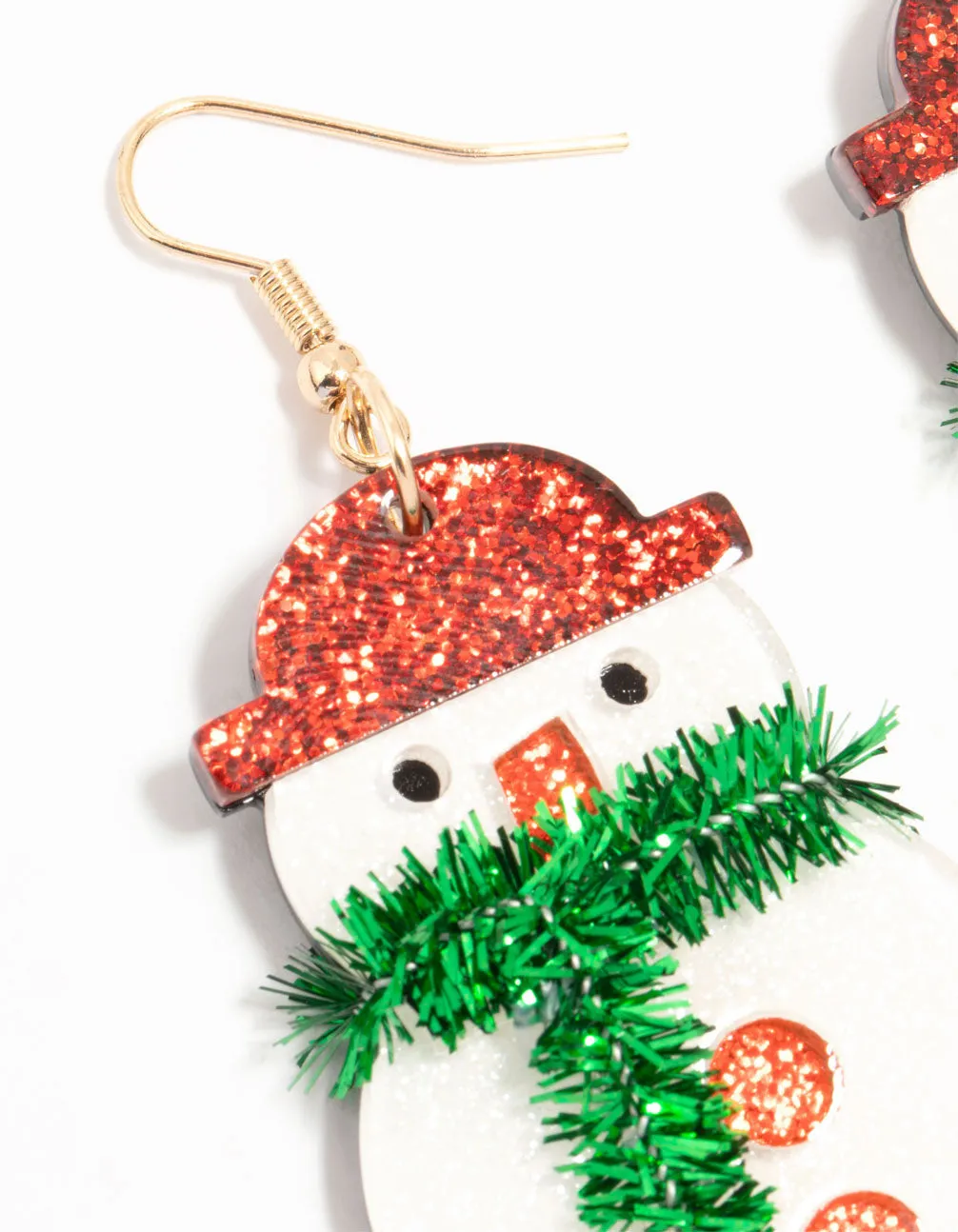 Snowman With Green Tinsel Scarf Acrylic Drop Earrings