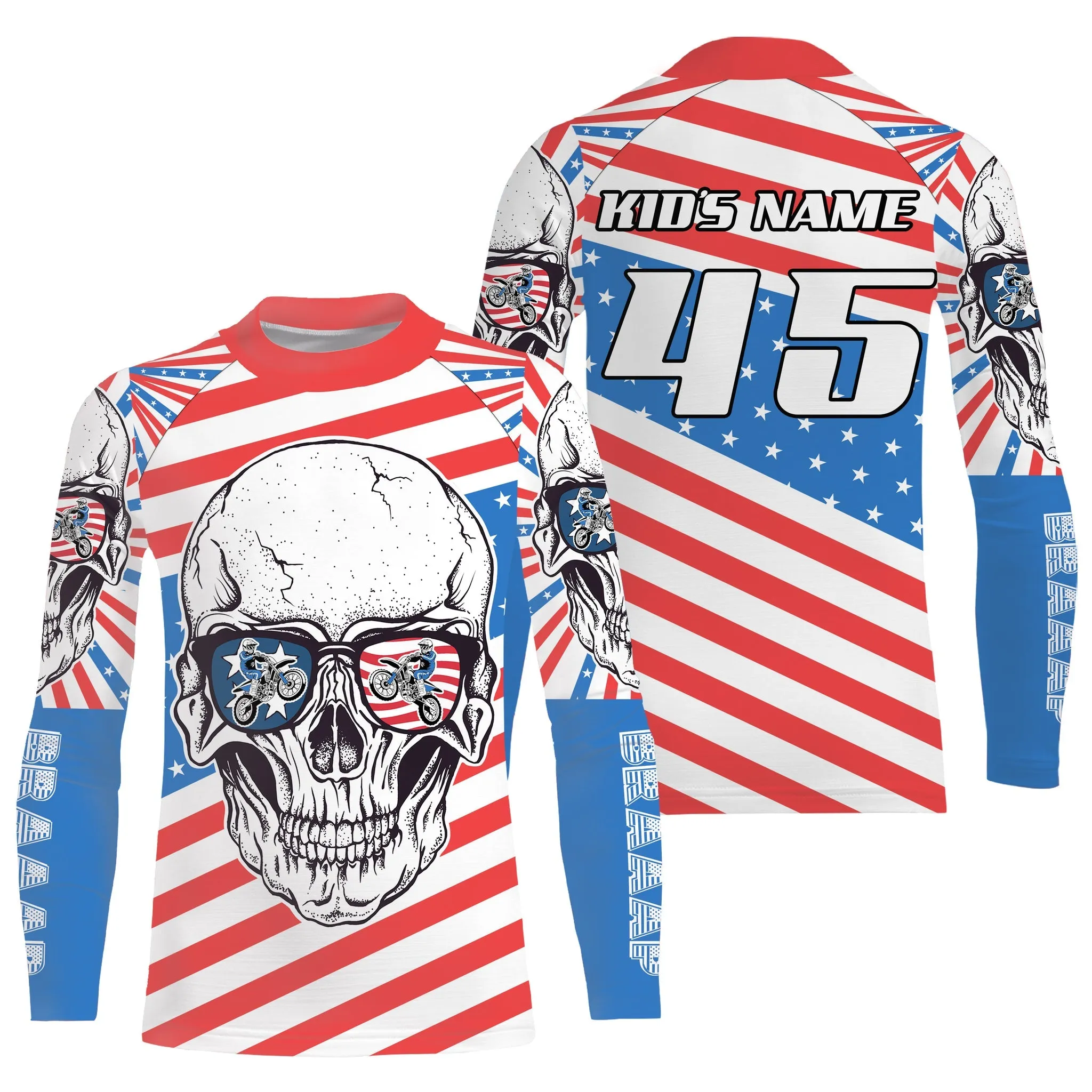 Us Flag Skull Personalized Motocross Jersey Patriotic Dirt Bike Long Sleeves Kid Adult Motorcycle