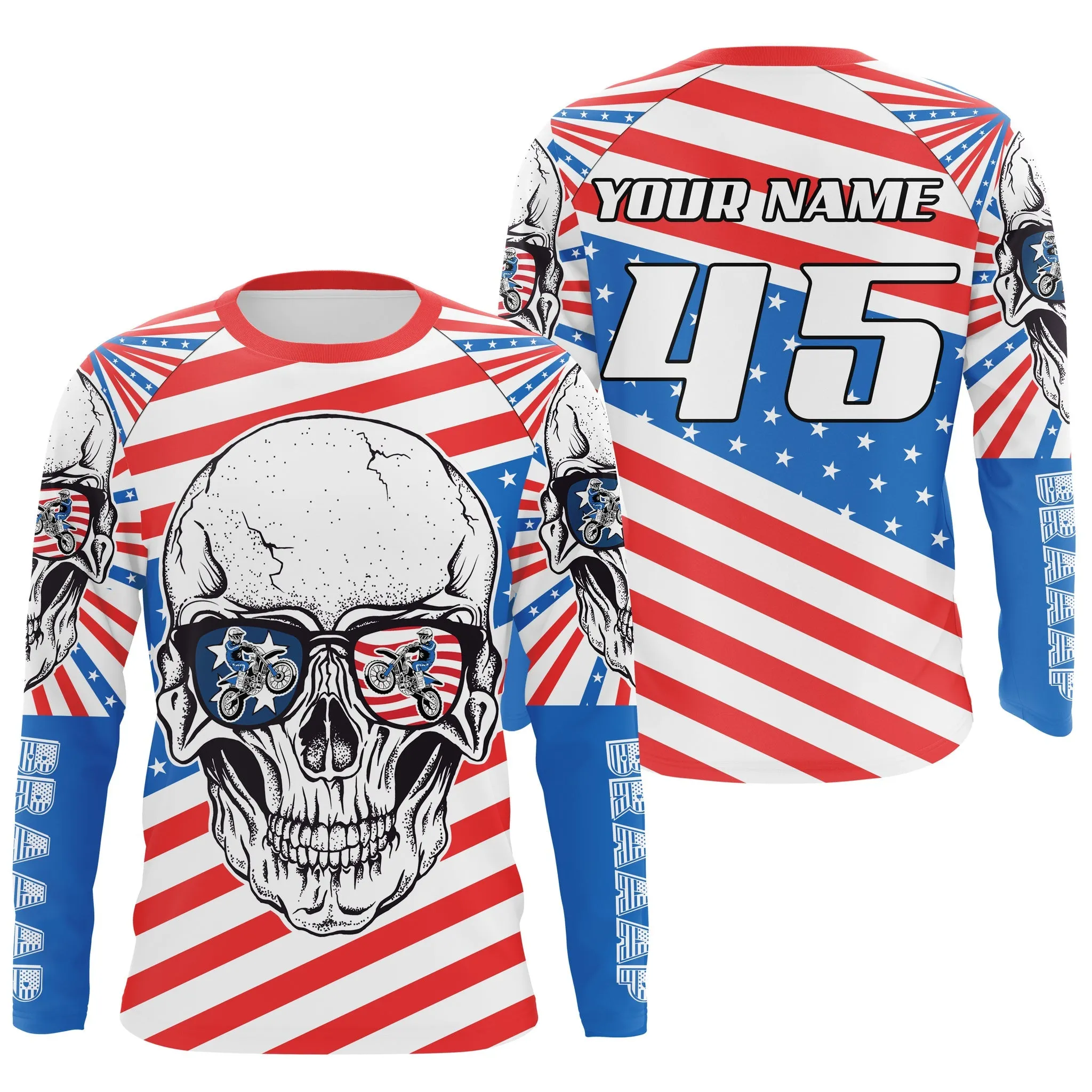 Us Flag Skull Personalized Motocross Jersey Patriotic Dirt Bike Long Sleeves Kid Adult Motorcycle