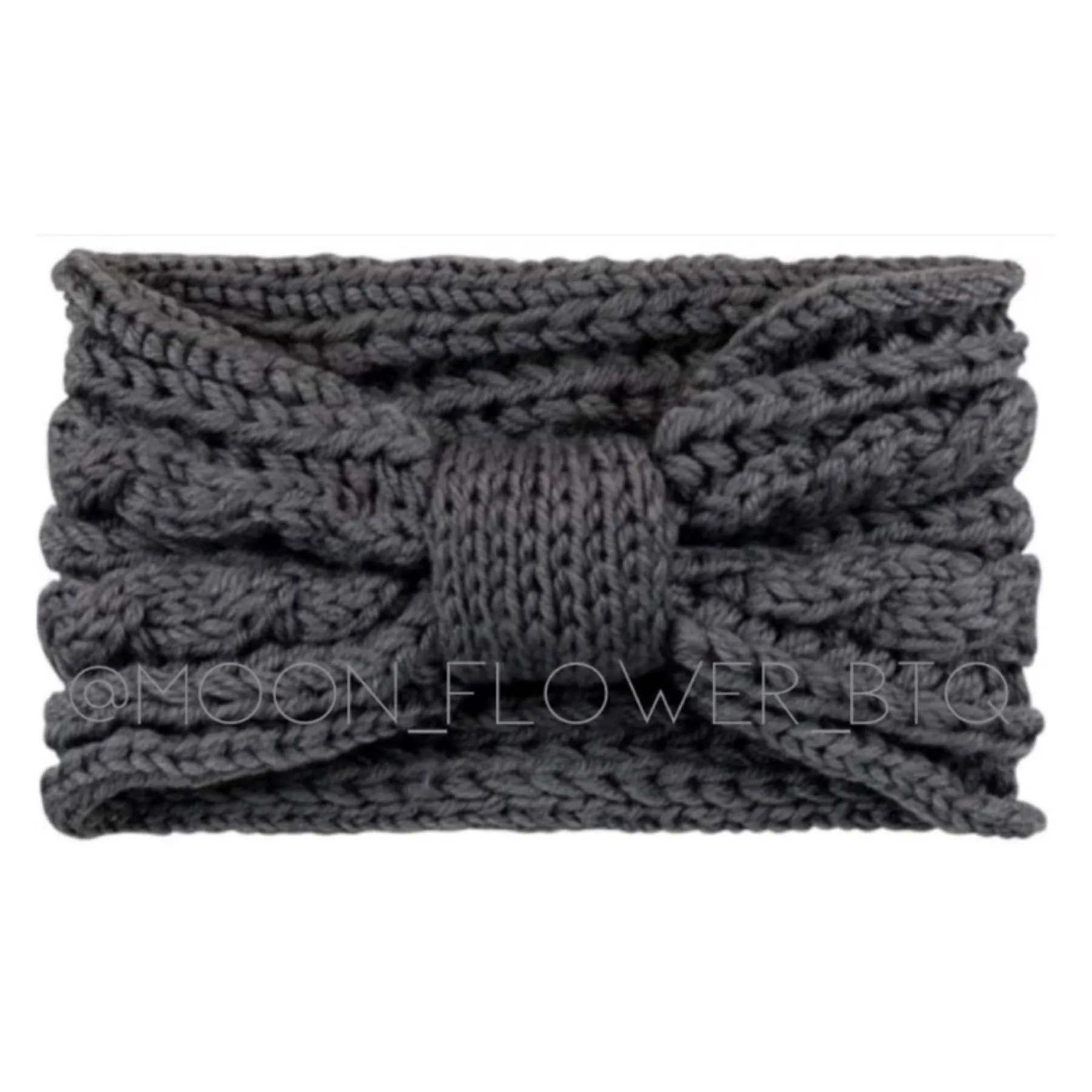 Vegan Chunky Knit Bow Headband Ear Warmer Dark Gray