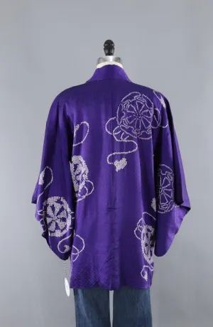 Vintage Silk Kimono Cardigan Jacket / Blue Purple Shibori