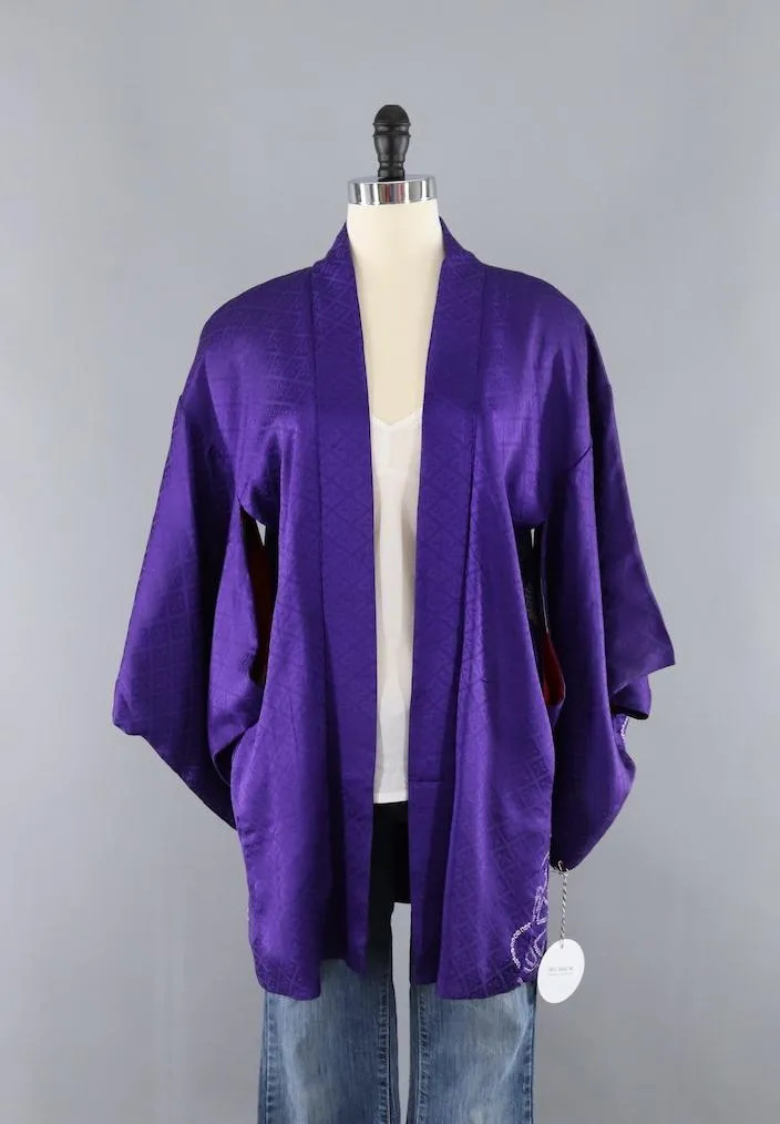 Vintage Silk Kimono Cardigan Jacket / Blue Purple Shibori