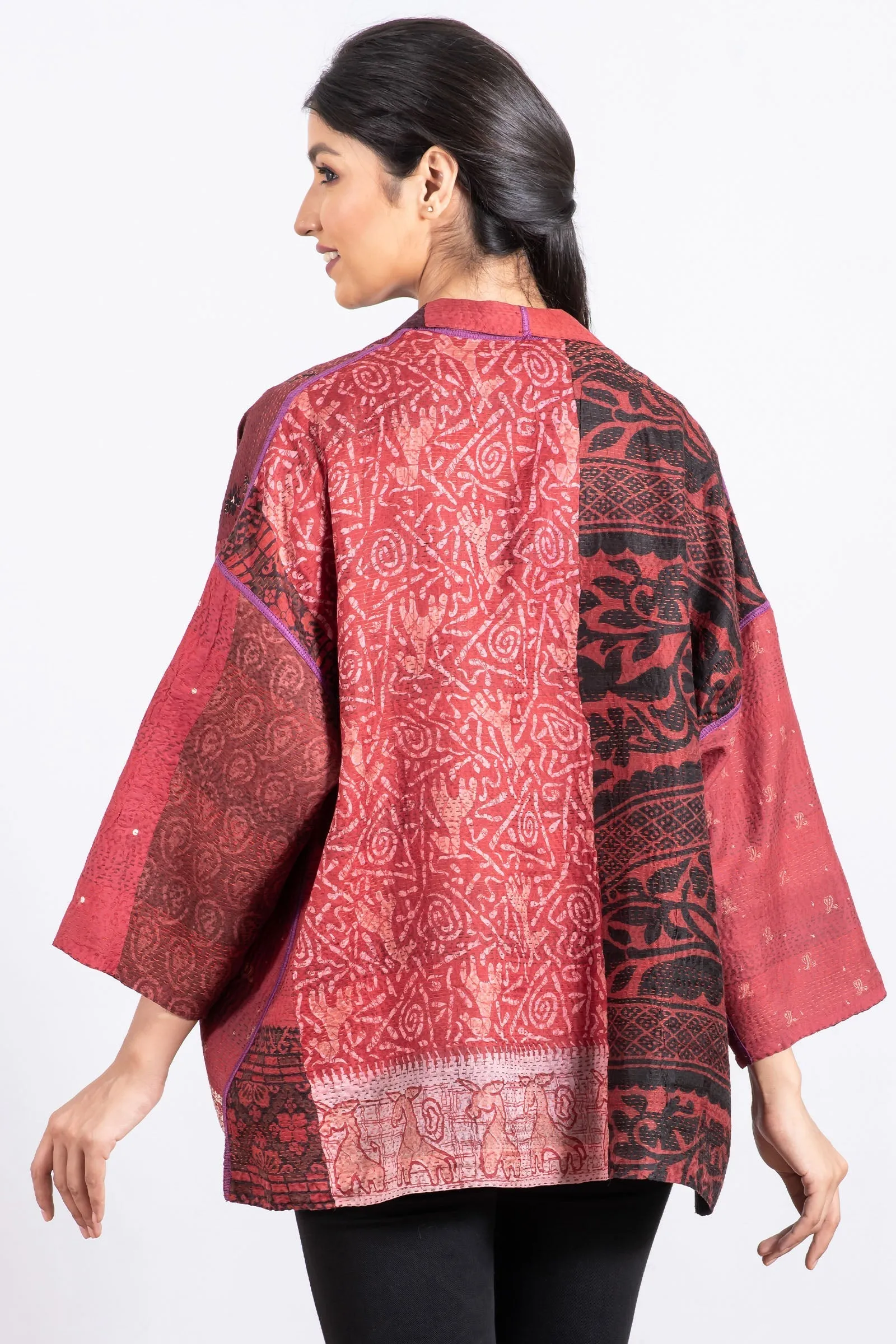 VINTAGE SILK PATCH KANTHA MINI KIMONO JKT - vp2055-red -