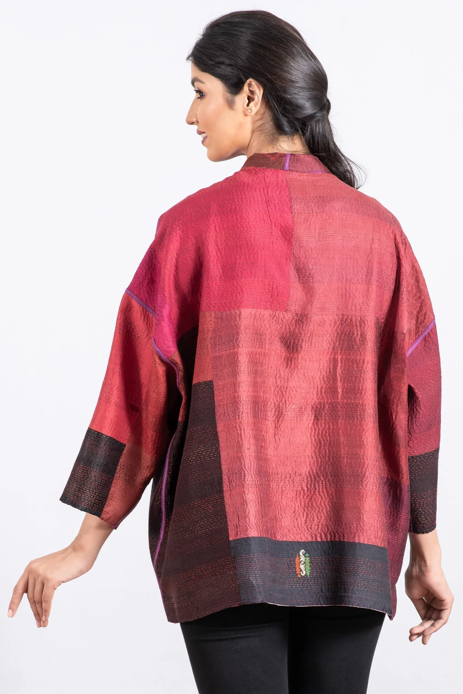 VINTAGE SILK PATCH KANTHA MINI KIMONO JKT - vp2055-red -