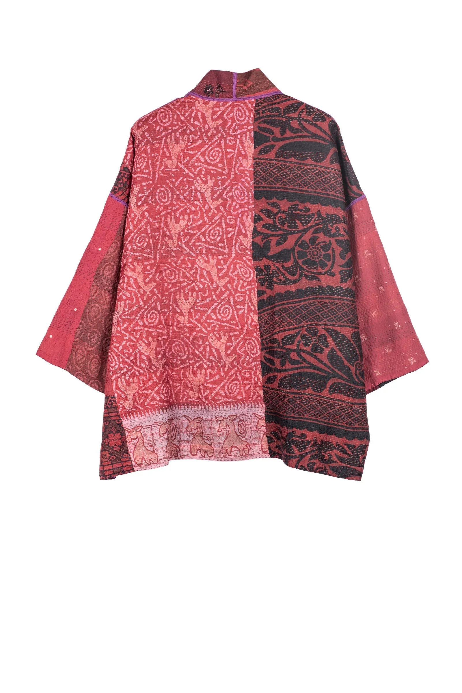 VINTAGE SILK PATCH KANTHA MINI KIMONO JKT - vp2055-red -