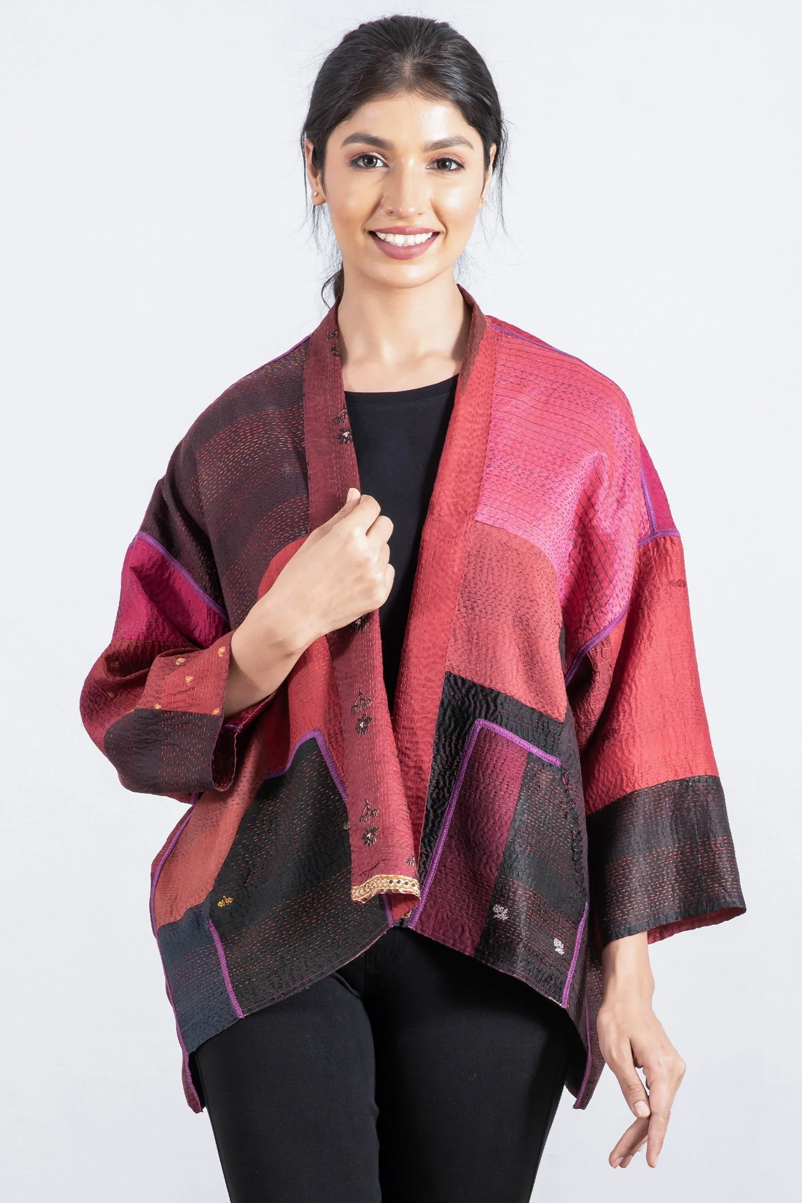 VINTAGE SILK PATCH KANTHA MINI KIMONO JKT - vp2055-red -