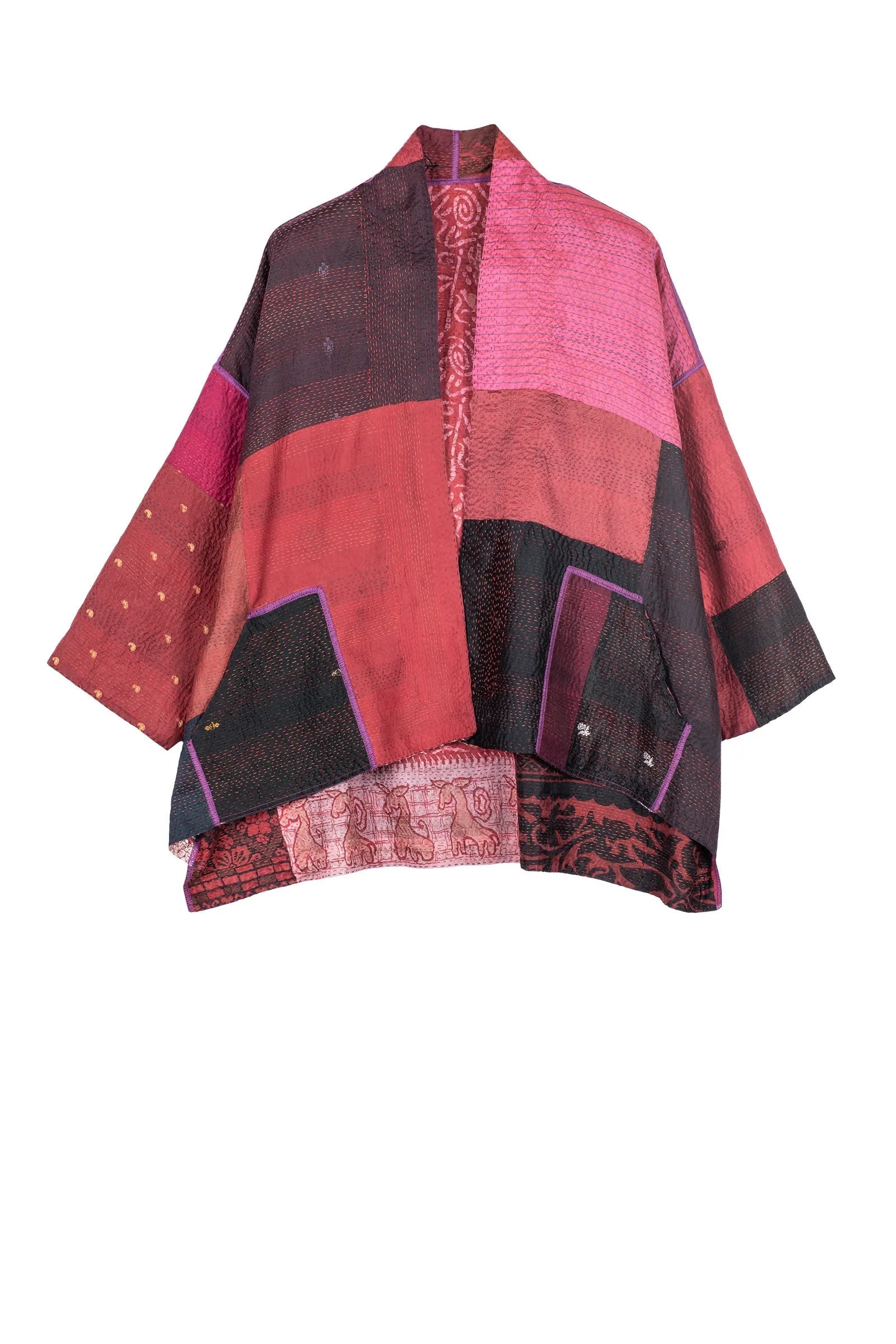 VINTAGE SILK PATCH KANTHA MINI KIMONO JKT - vp2055-red -