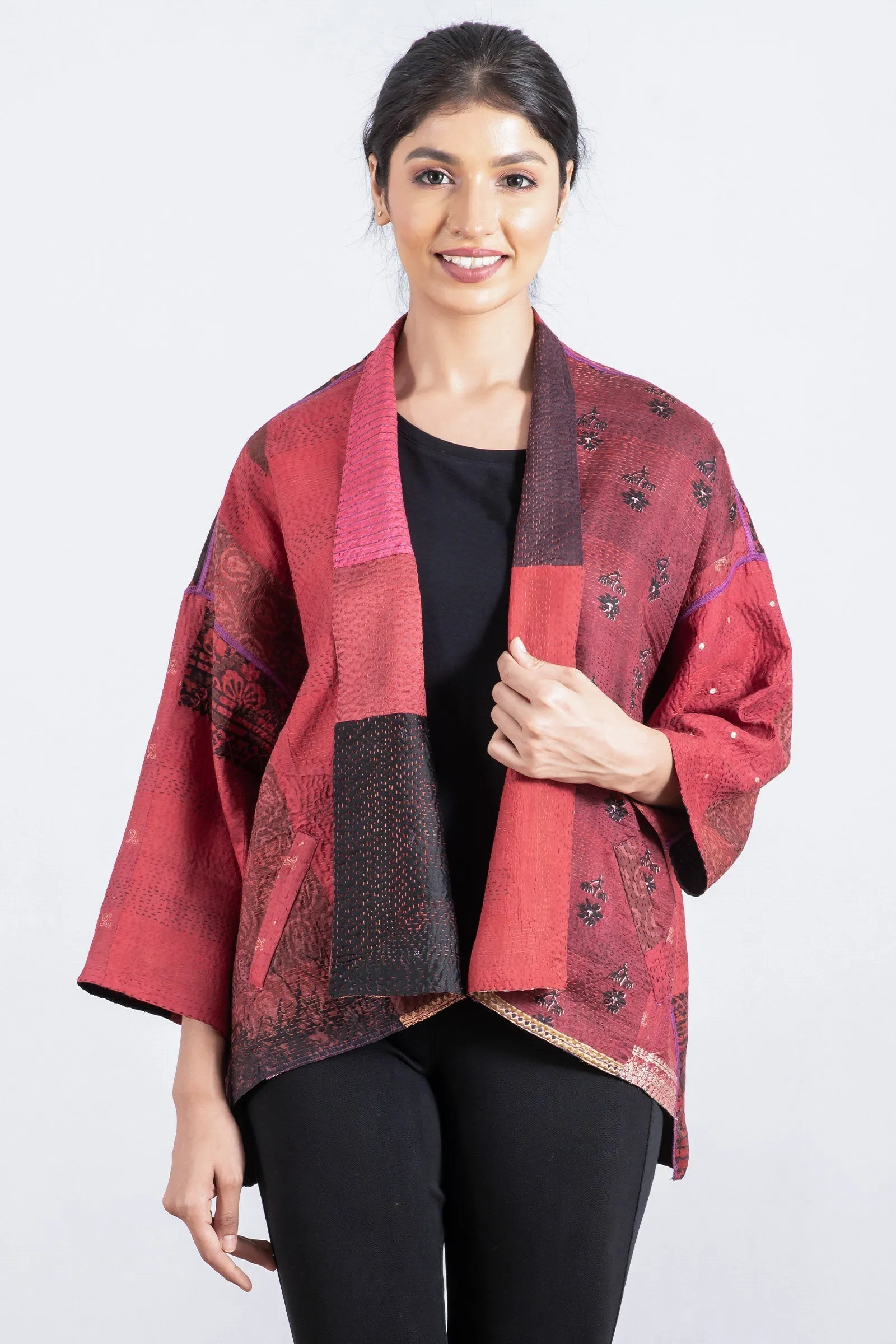 VINTAGE SILK PATCH KANTHA MINI KIMONO JKT - vp2055-red -