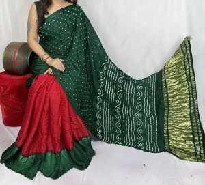 Wedding Designer Ajrakh Hand Printed Model Gajji Silk Lagdi Patta Saree for Women's