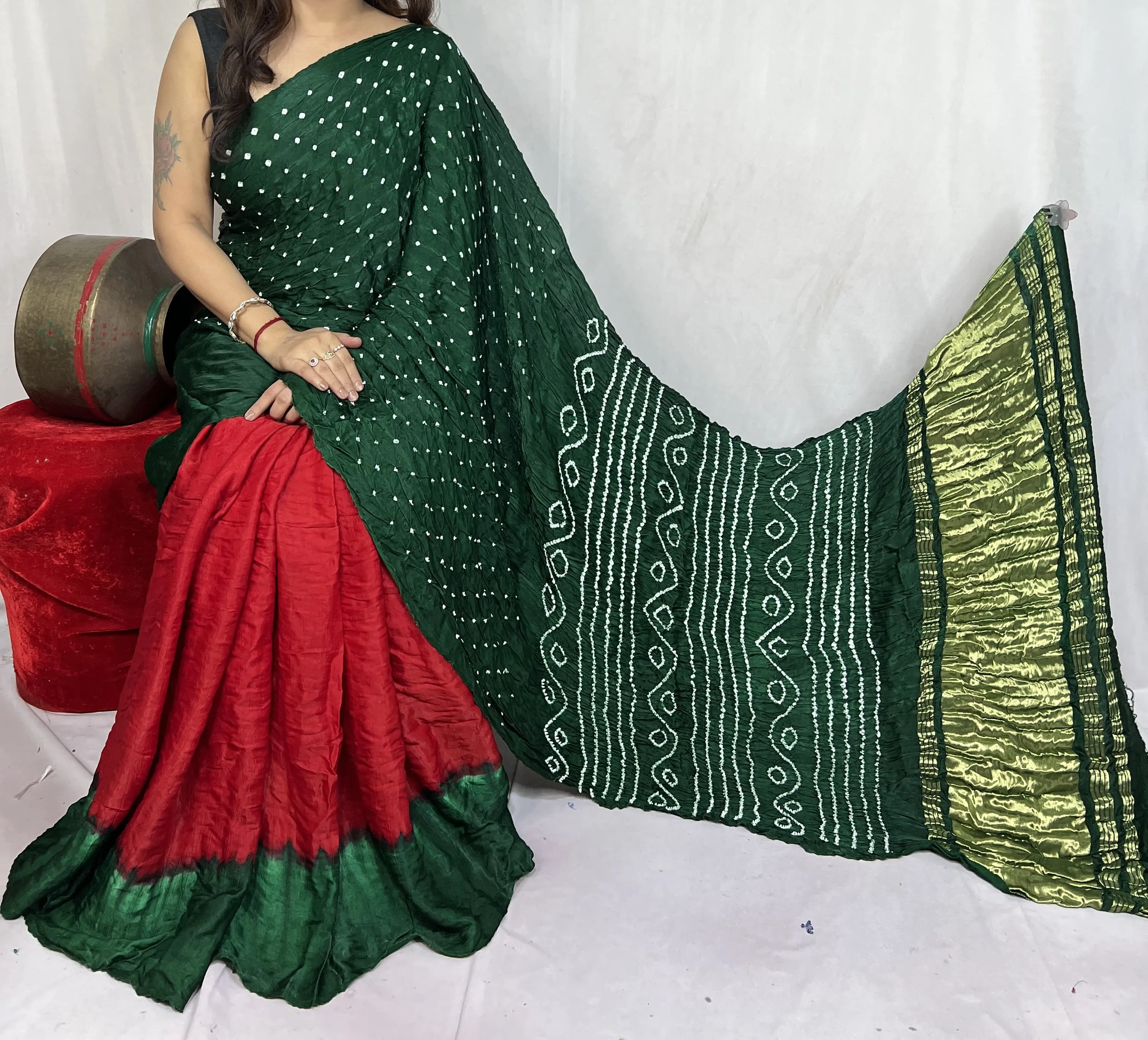 Wedding Designer Ajrakh Hand Printed Model Gajji Silk Lagdi Patta Saree for Women's