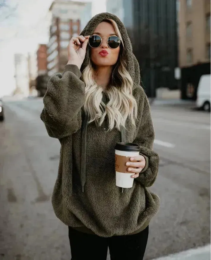 Women's Polerones Fleece Hoodie Pullover fall Winter Zipper Pocket Sweatshirt