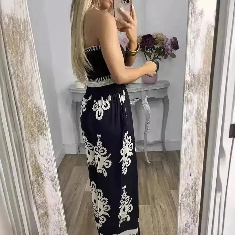 Wrapped Chest Printed Jumpsuit, High Waisted Casual Pants For Women