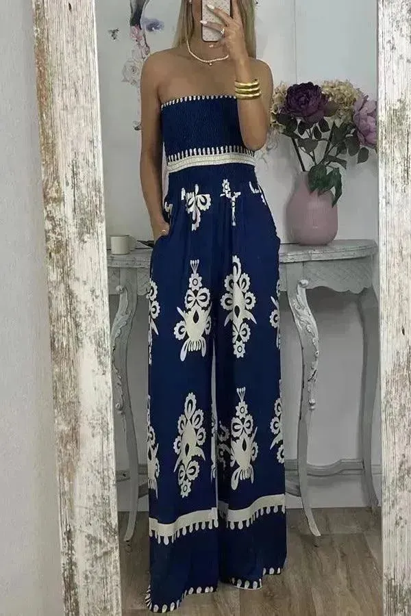 Wrapped Chest Printed Jumpsuit, High Waisted Casual Pants For Women