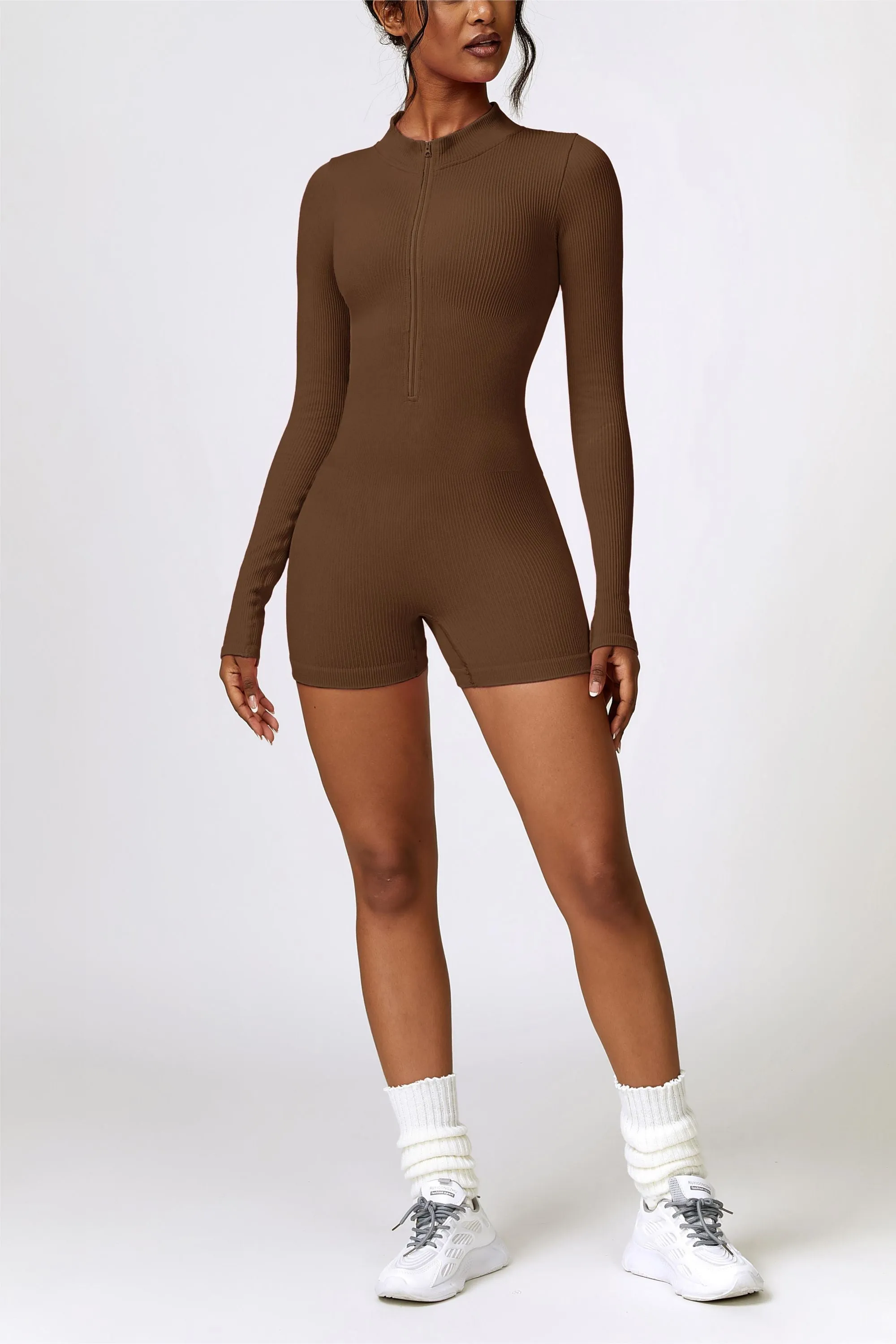 ZipFlex Ribbed Long-Sleeve Workout Romper