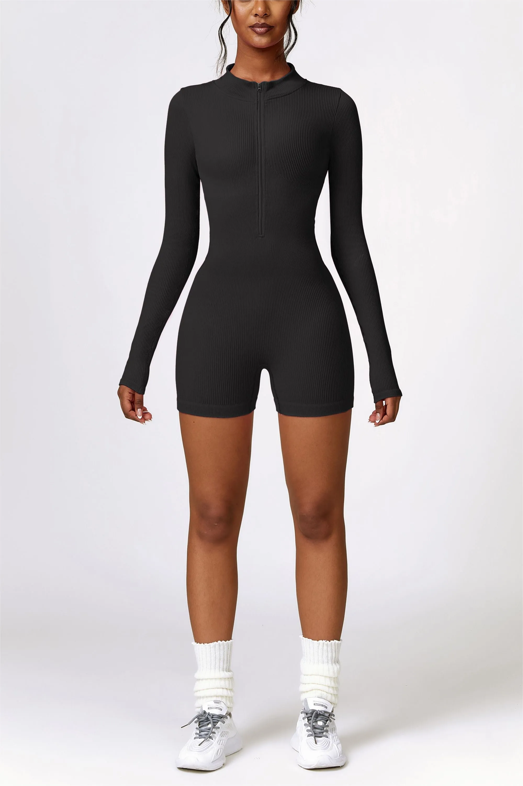ZipFlex Ribbed Long-Sleeve Workout Romper