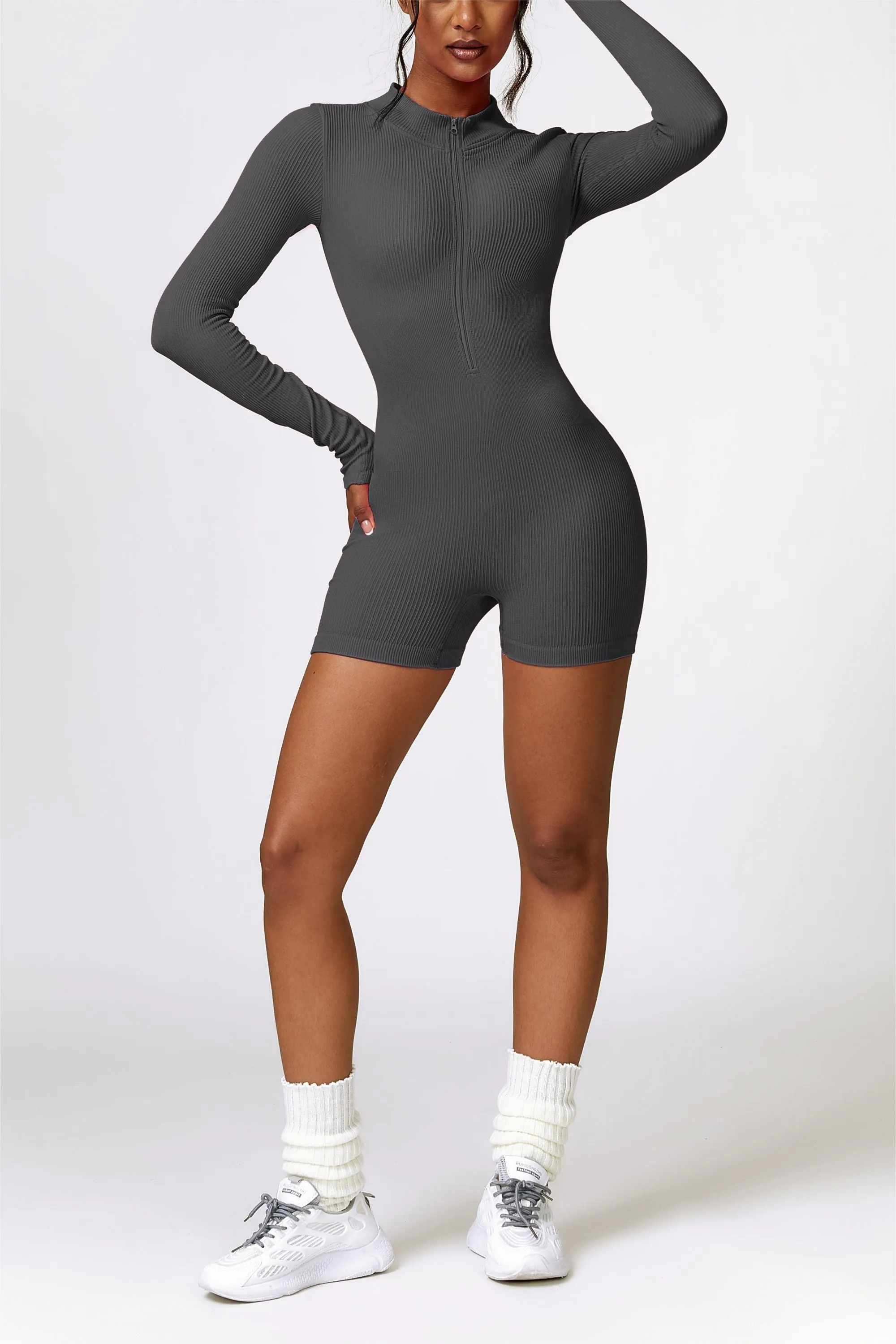 ZipFlex Ribbed Long-Sleeve Workout Romper