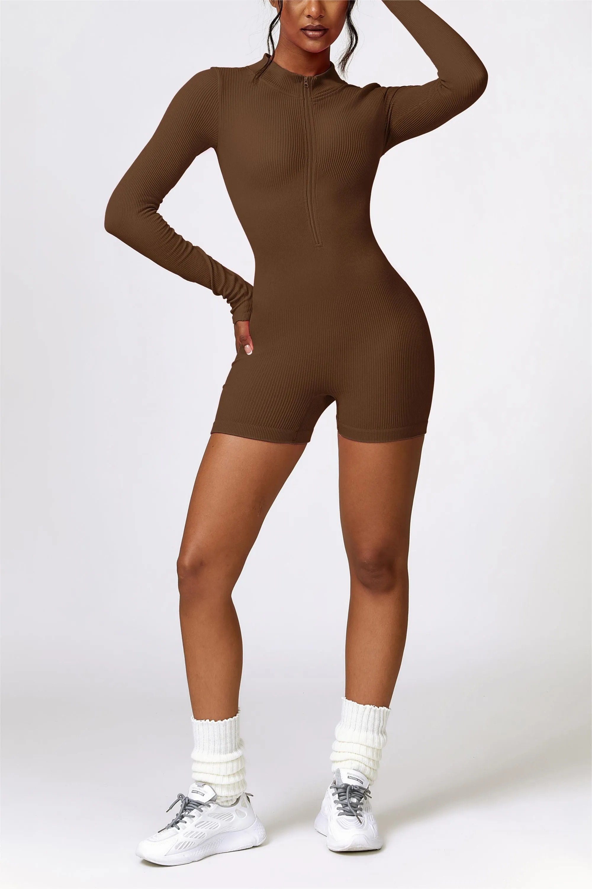 ZipFlex Ribbed Long-Sleeve Workout Romper