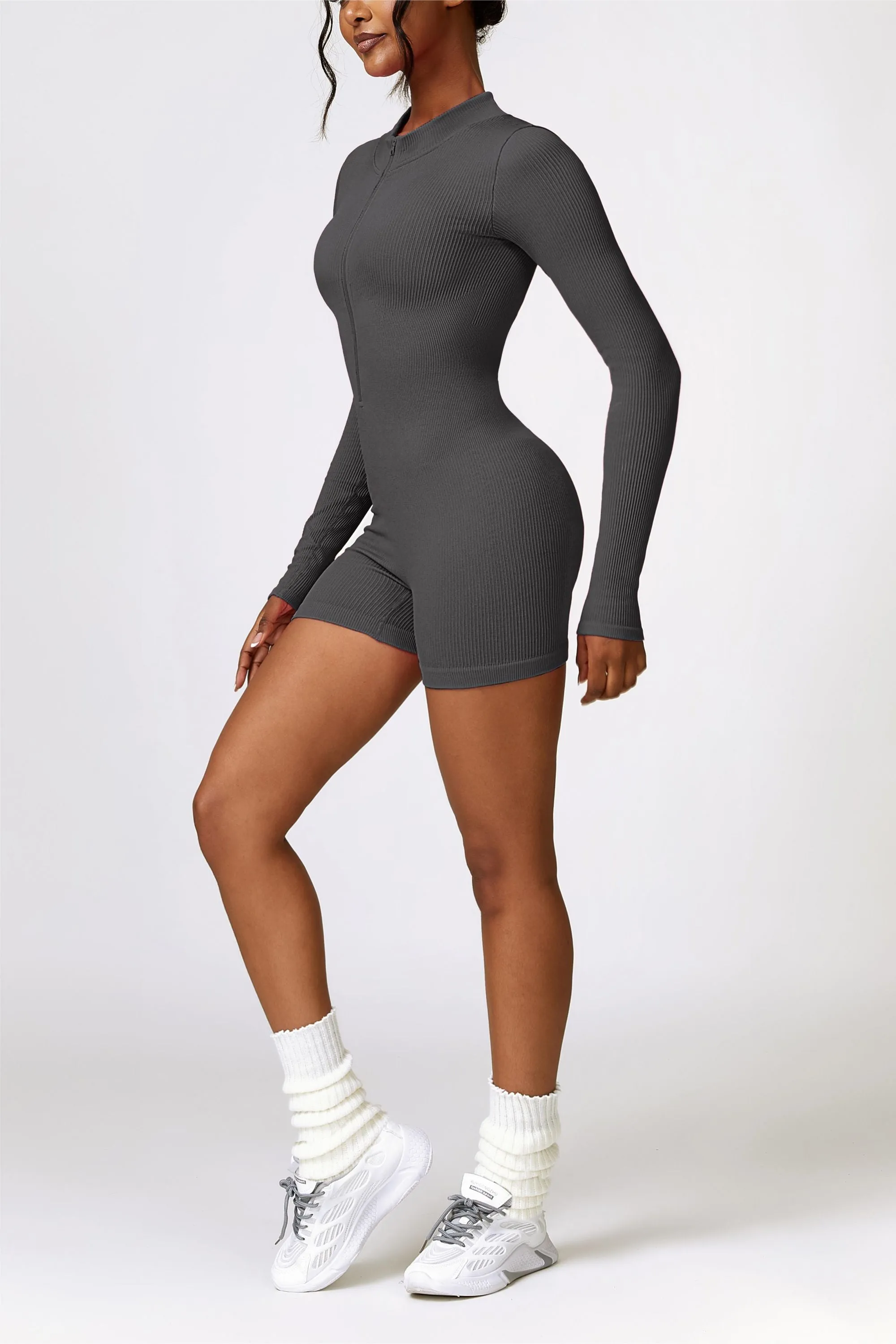 ZipFlex Ribbed Long-Sleeve Workout Romper